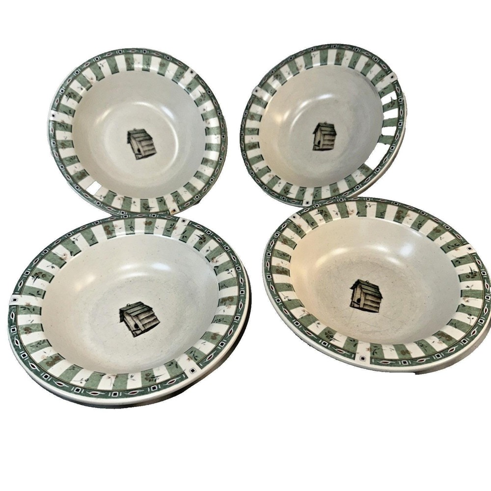 Pfaltzgraff Naturewood Soup Pasta Bowls Set of 4 Birdhouse Green Striped 9 inch